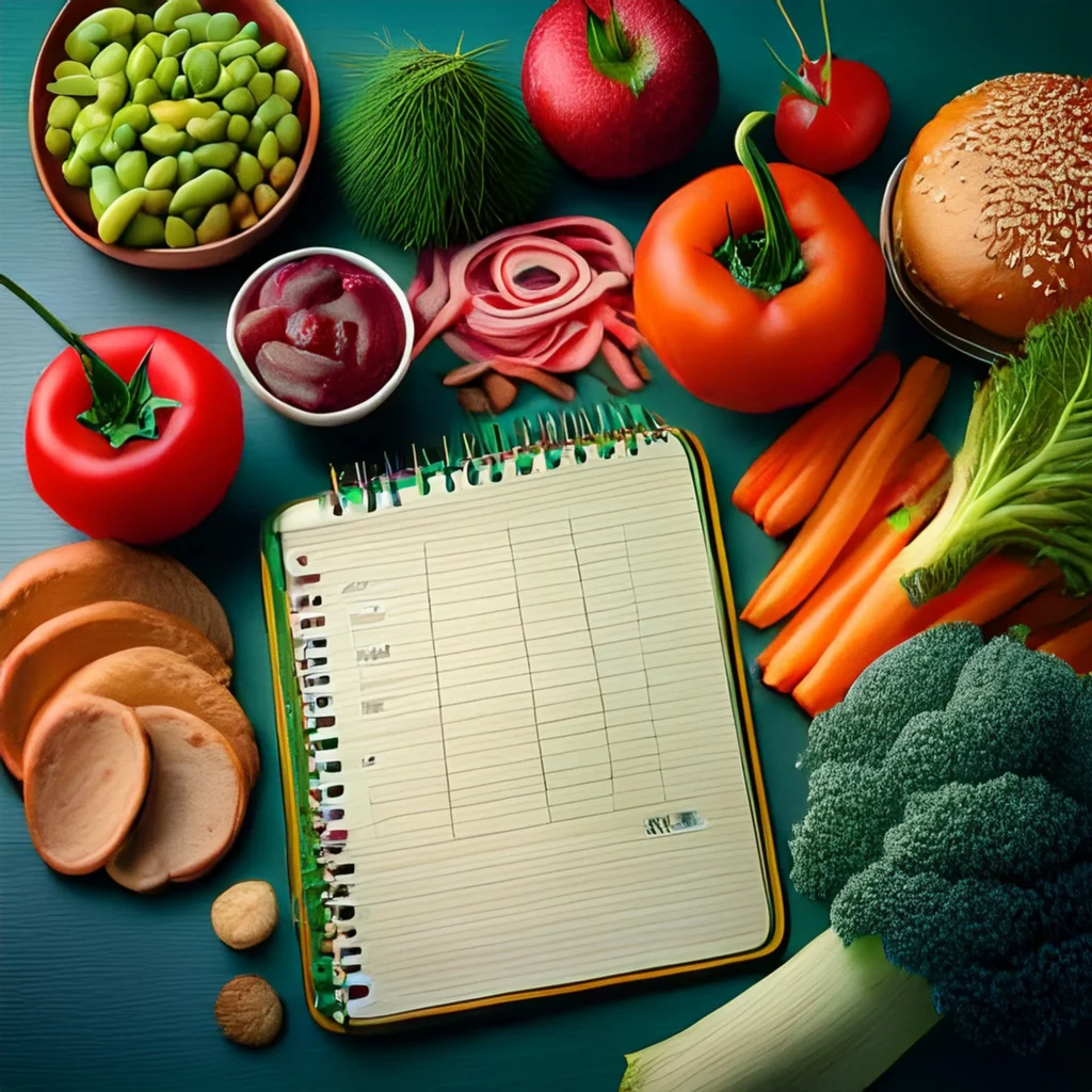 Diet Plan notebook and vegetables tasty and unhealthy eating close up 1