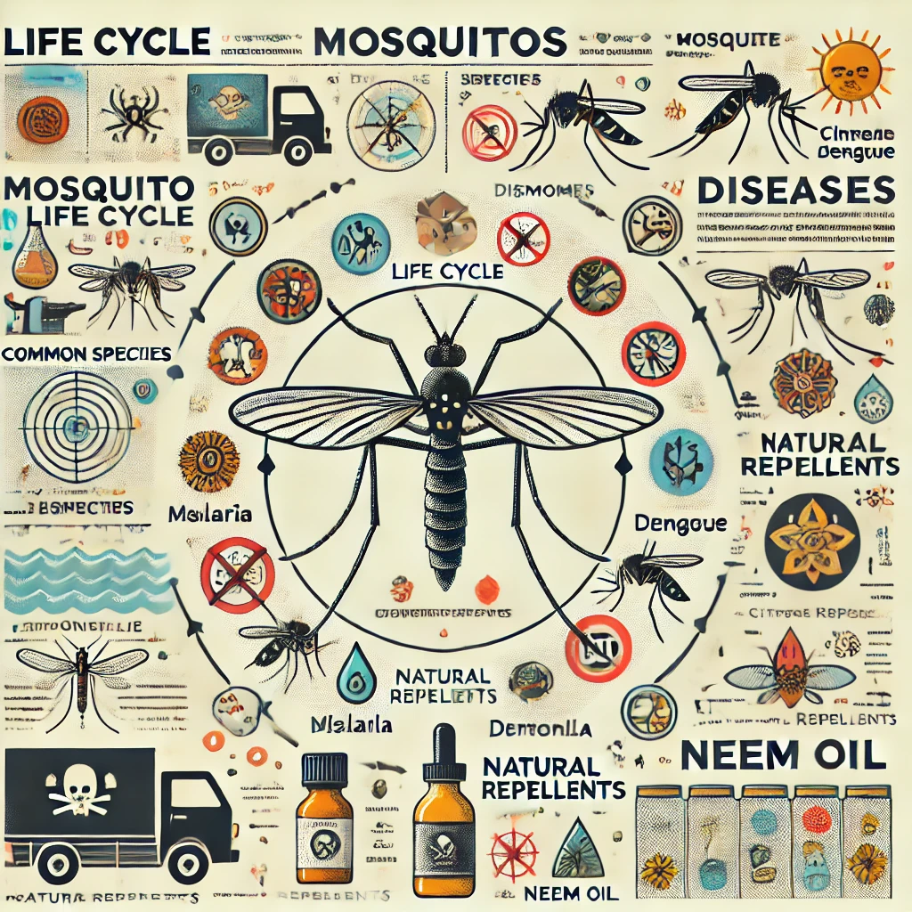 DALL·E 2025 01 29 11.36.10 A detailed and visually engaging infographic about mosquitoes. The image should include the mosquito life cycle common species diseases they transmi